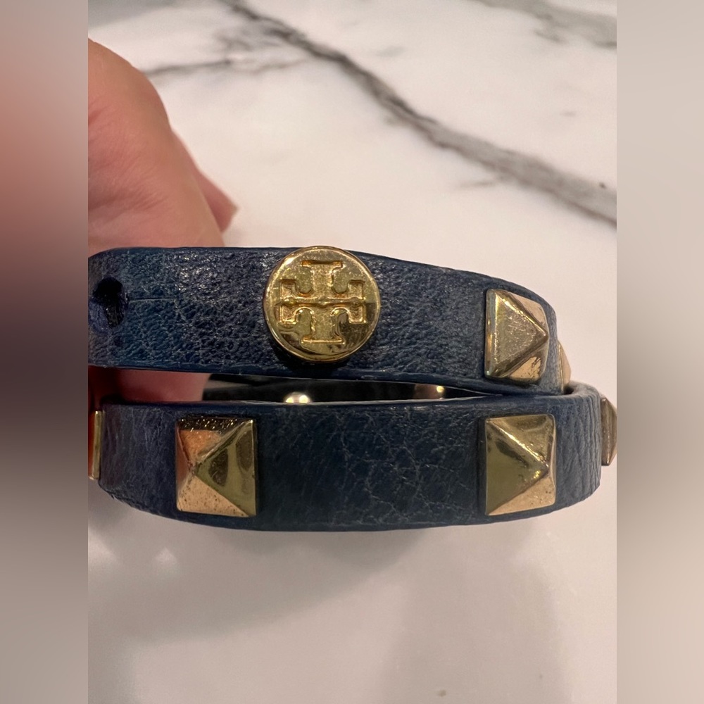 Tory Burch double wrap leather bracelet with studs and logo; lightly worn